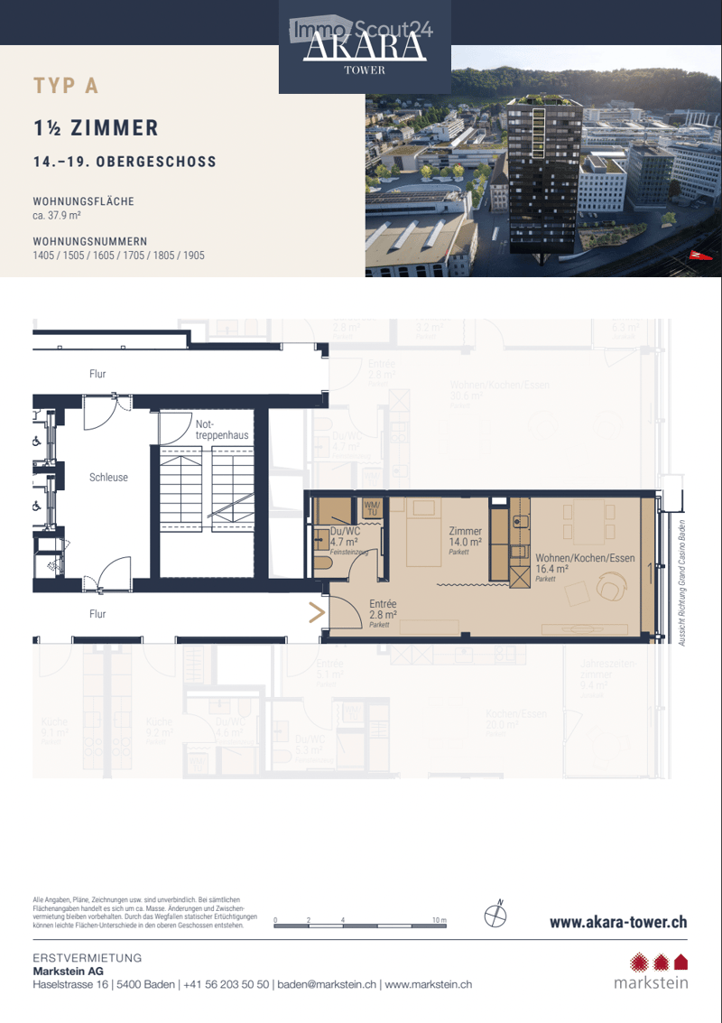 Floor plan of a 1.5-room apartment on the 14th to 19th floors, including entrance, living/dining area, bedroom, bathroom, and kitchen.