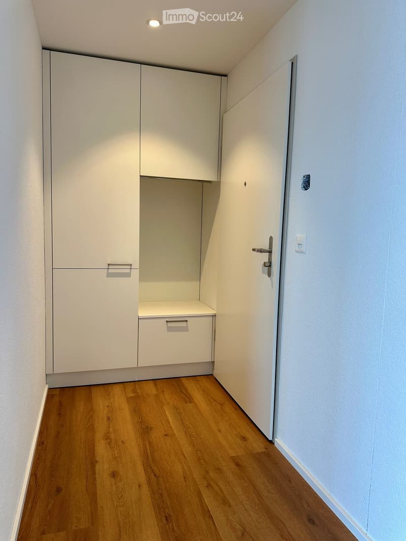 Empty room with white walls, wooden floor, white cabinets, and a door.