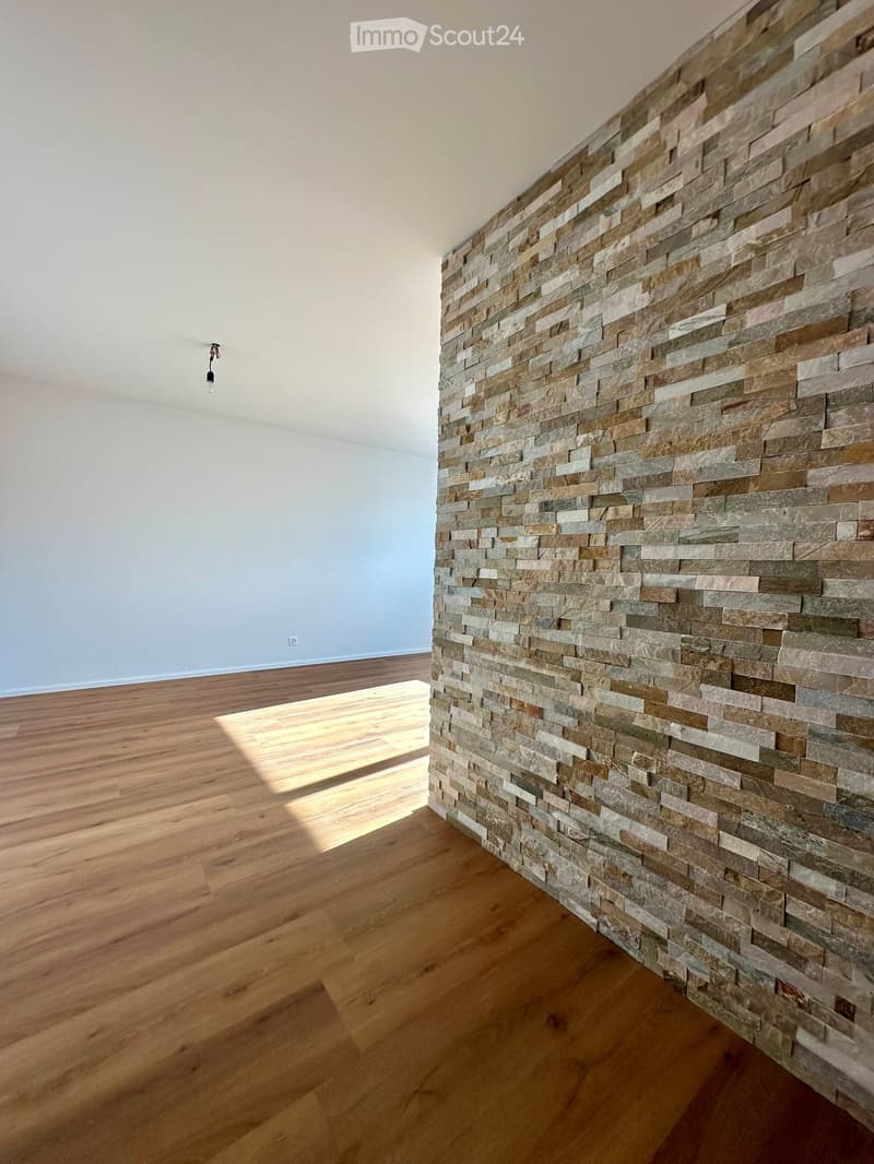 Empty room with wooden floor, white wall, stone wall, and a ceiling light