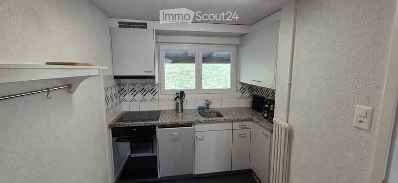 Compact kitchen with white cabinets, granite countertop, built-in oven, dishwasher, and sink. Features a window with a view of greenery, a radiator, and various kitchen utensils on the counter.