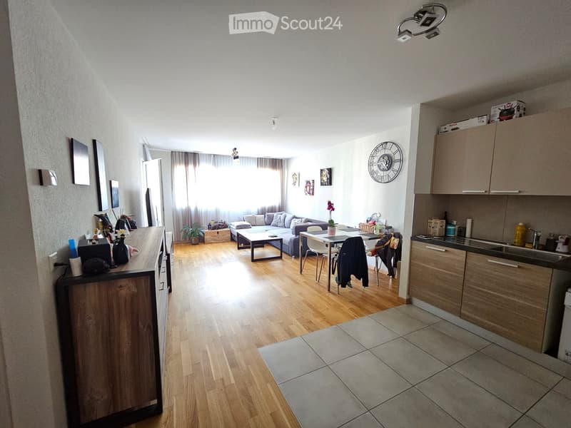 Open-plan living and dining area with a sofa, coffee table, dining table, chairs, and a kitchen area with cabinets and a sink.