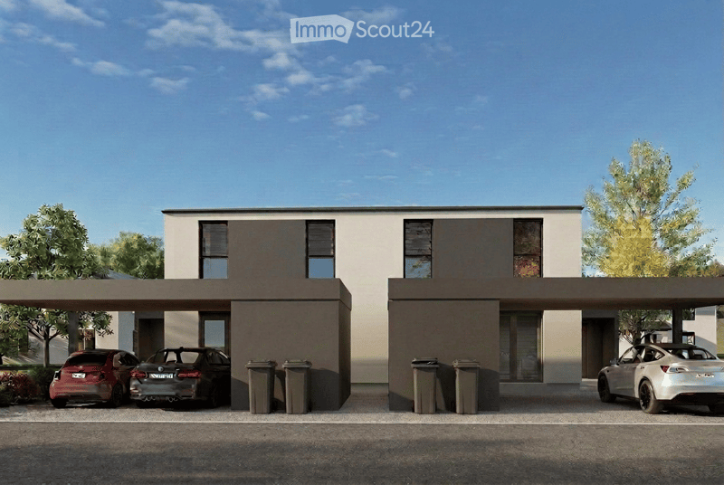 Modern two-story house with a flat roof, large windows, and a covered parking area for multiple cars.