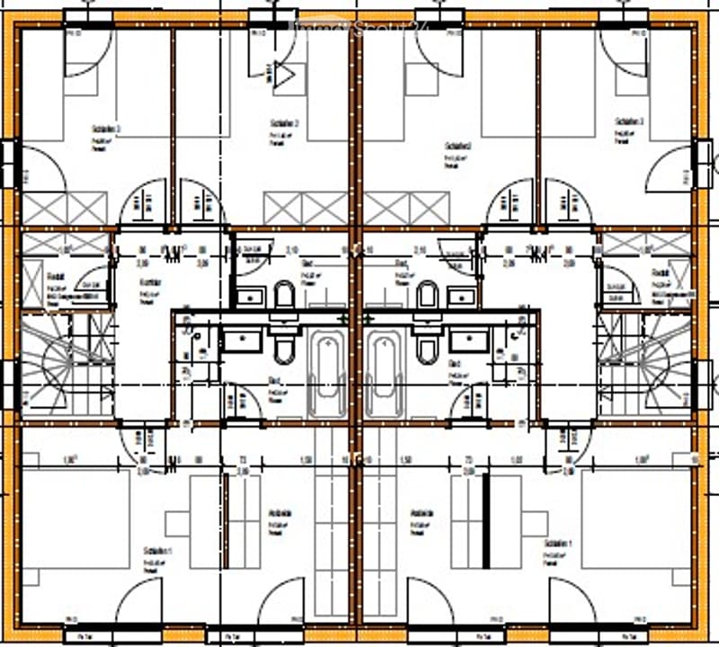 Floor plan of a multi-story residential building with multiple rooms including bedrooms, bathrooms, living areas, and service spaces.