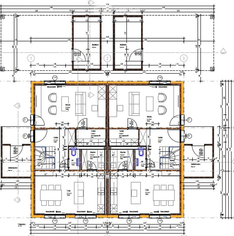 Floor plan of a multi-story building with labeled rooms including a reception area, offices, meeting rooms, and restrooms.