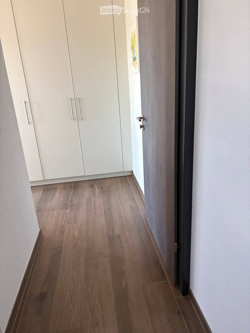 Empty hallway with wooden flooring, white built-in closet with silver handles, and a closed door leading to another room.