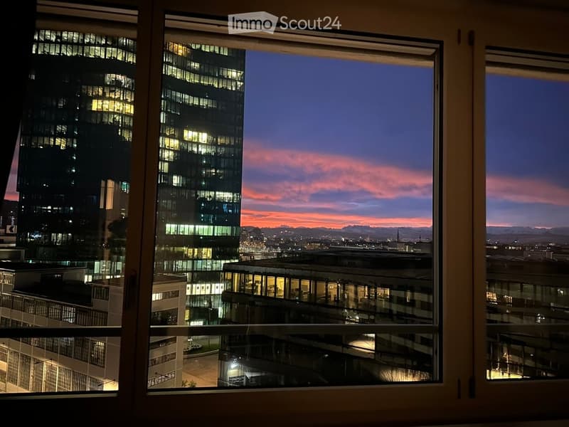 View from a balcony showing cityscape with modern buildings and sunset sky.