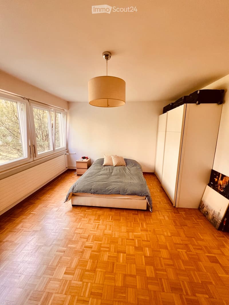 Bright bedroom with wooden herringbone flooring, large windows, a single bed with striped bedding, a nightstand, a pendant light fixture, and a built-in wardrobe.