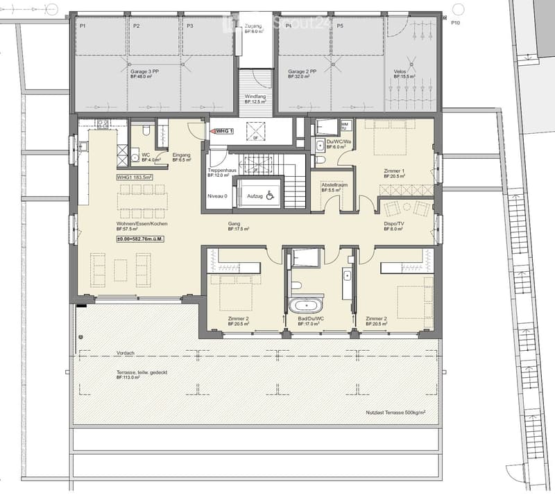 Floor plan showing a multi-level residential layout with living spaces, bedrooms, bathrooms, garage, and outdoor terrace.