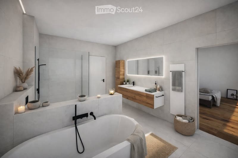 Modern bathroom with a freestanding bathtub, double sink vanity with wooden accents, large mirror with LED lighting, and decorative elements including candles and a wicker basket.