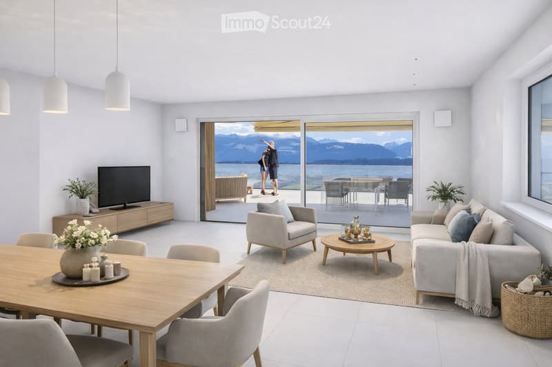 Modern living room with large windows offering a scenic mountain view, featuring a sofa, armchair, coffee table, dining table, chairs, television, sideboard, and decorative vases.