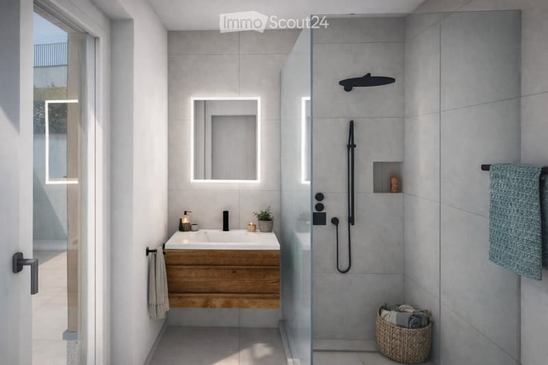 Modern bathroom with a wooden vanity, white sink, large mirror, glass-enclosed shower, and a wicker basket on the floor.