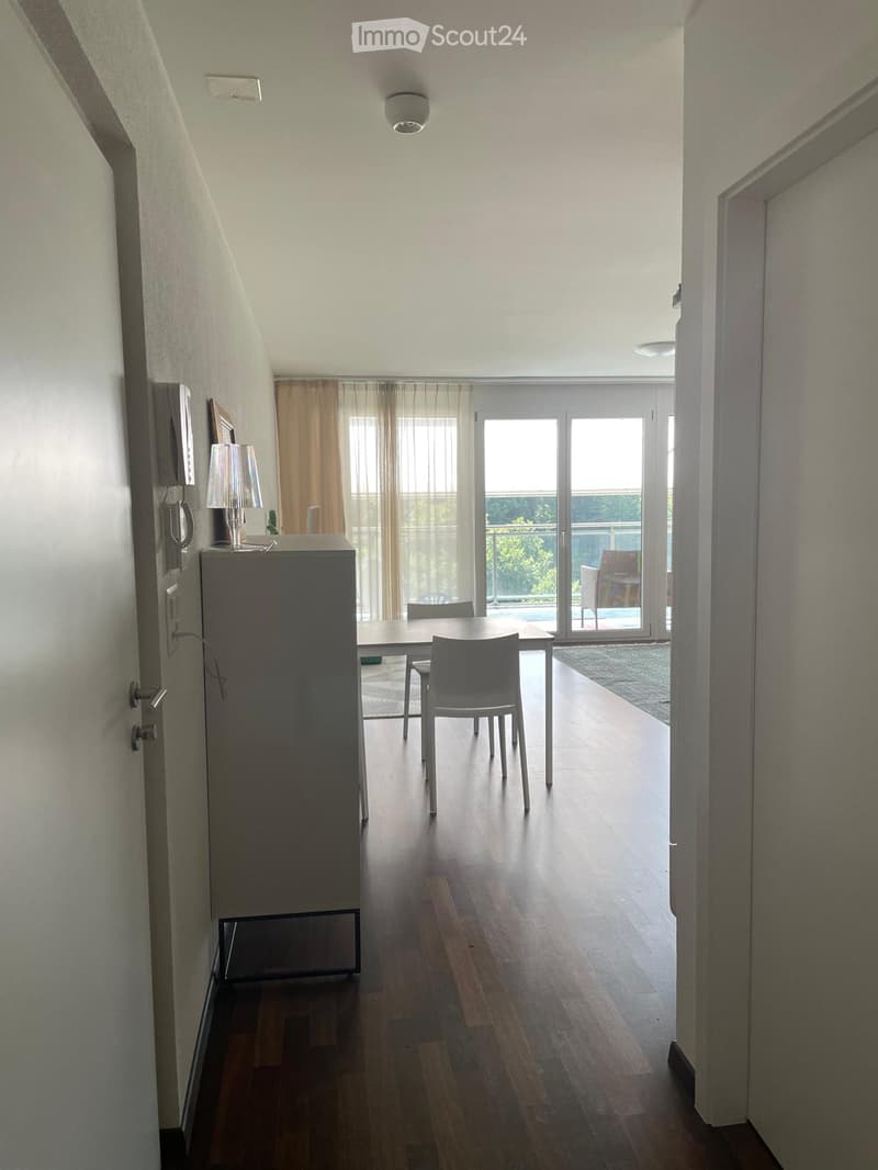 Modern hallway with wooden flooring, a small refrigerator, a table with chairs, and a lamp on top of the refrigerator. There is a sliding glass door leading to a balcony with outdoor furniture visible.