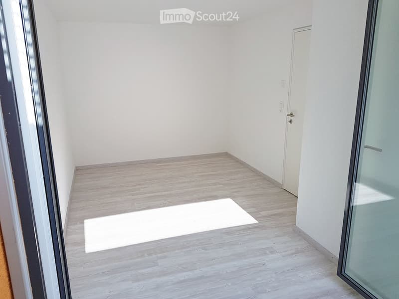 Empty room with light wooden flooring, white walls, and a white door visible in the background.