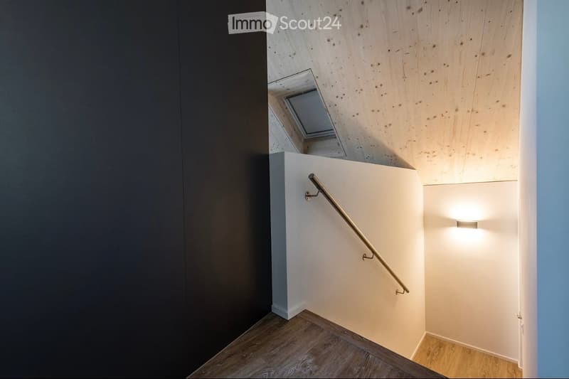 Modern hallway with wooden flooring, white walls, and a metal handrail leading to a skylight at the top.