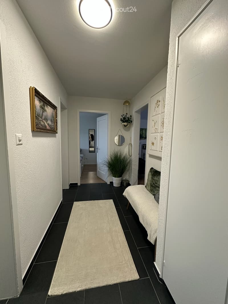 A narrow hallway with black tiled flooring, white walls, and a white runner rug. Features include a round ceiling light, a framed picture on the left wall, a small plant in a pot, and an open doorway leading to another room.