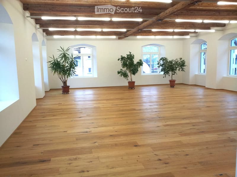 Empty room with wooden flooring, white walls, exposed wooden ceiling beams, and large arched windows with potted plants placed near the windows.