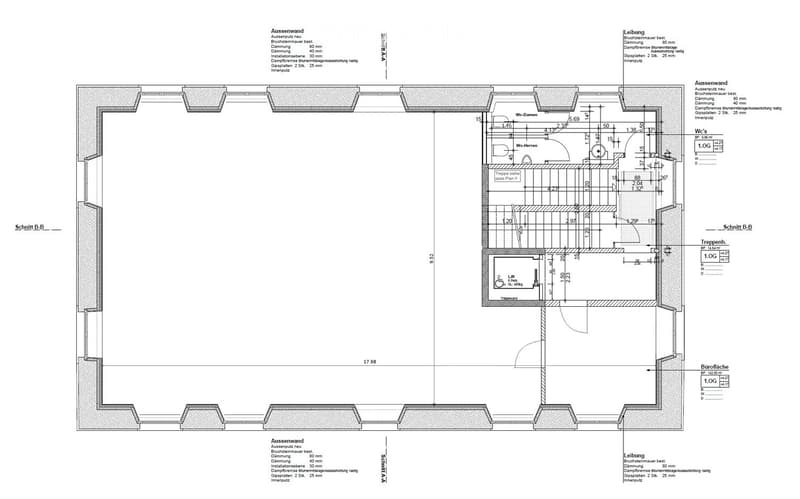 Floor plan of a residential unit showing layout with living area, bedrooms, bathrooms, and technical details including wall thicknesses and materials.