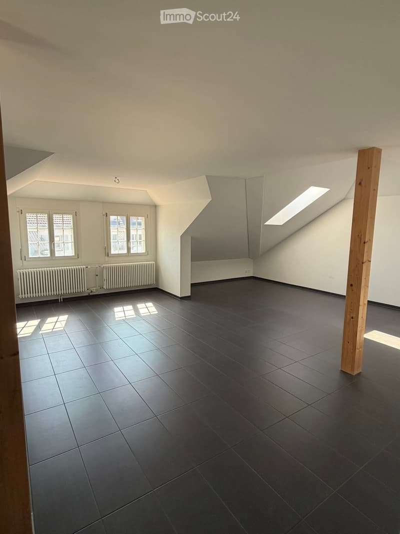 Empty room with dark tiled floor, white walls, large windows, and skylight. No furniture or equipment present.