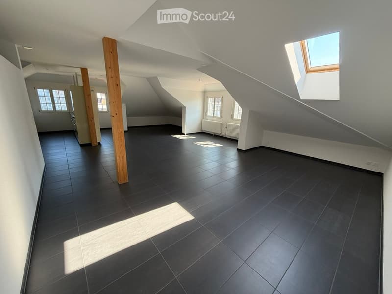 Empty attic space with dark tiled floor, white walls, wooden beams, and skylight windows allowing natural light.