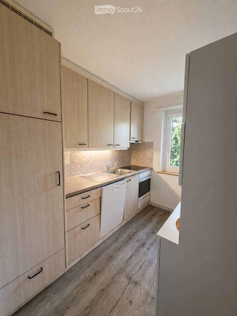Modern kitchen with light wooden cabinets, stainless steel sink, dishwasher, and oven. Wooden flooring and a window letting in natural light.