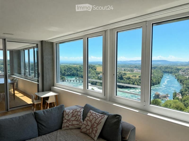 Bright living room with large windows offering scenic views of a river and landscape. Features a grey sofa with decorative pillows, a small table, and chairs.