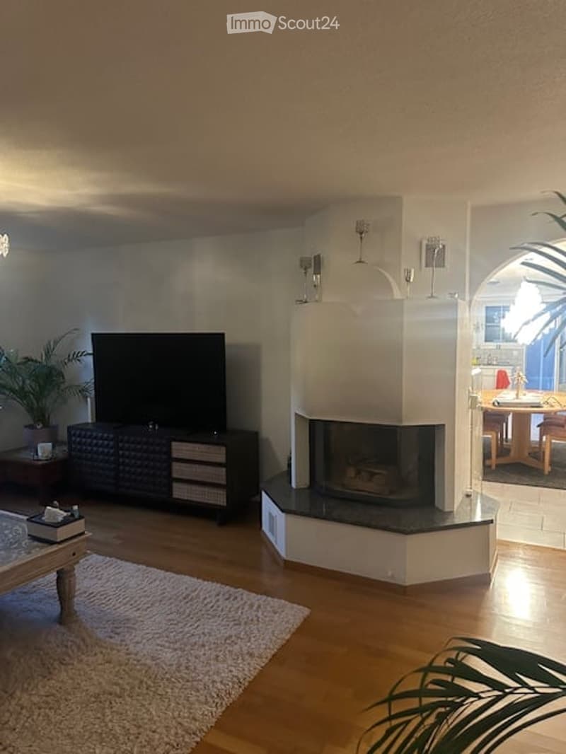 Modern living room with a fireplace, TV stand, coffee table, and plants. The space features wooden flooring and a cozy rug.