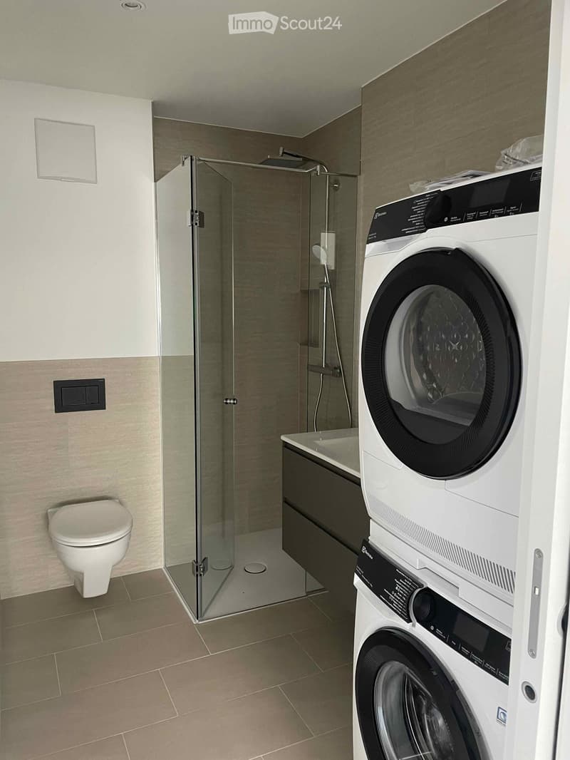 Modern bathroom with a glass-enclosed shower, toilet, bathtub, and stacked washing machine and dryer unit.