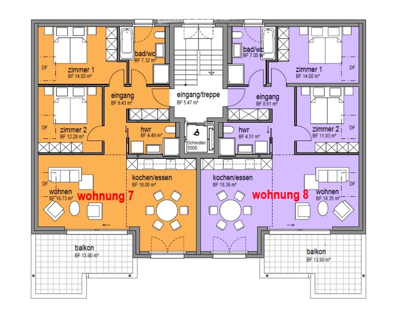 Floor plan showing two apartments (Wohnung 7 and Wohnung 8) with separate living spaces, kitchens, bathrooms, bedrooms, and balconies.