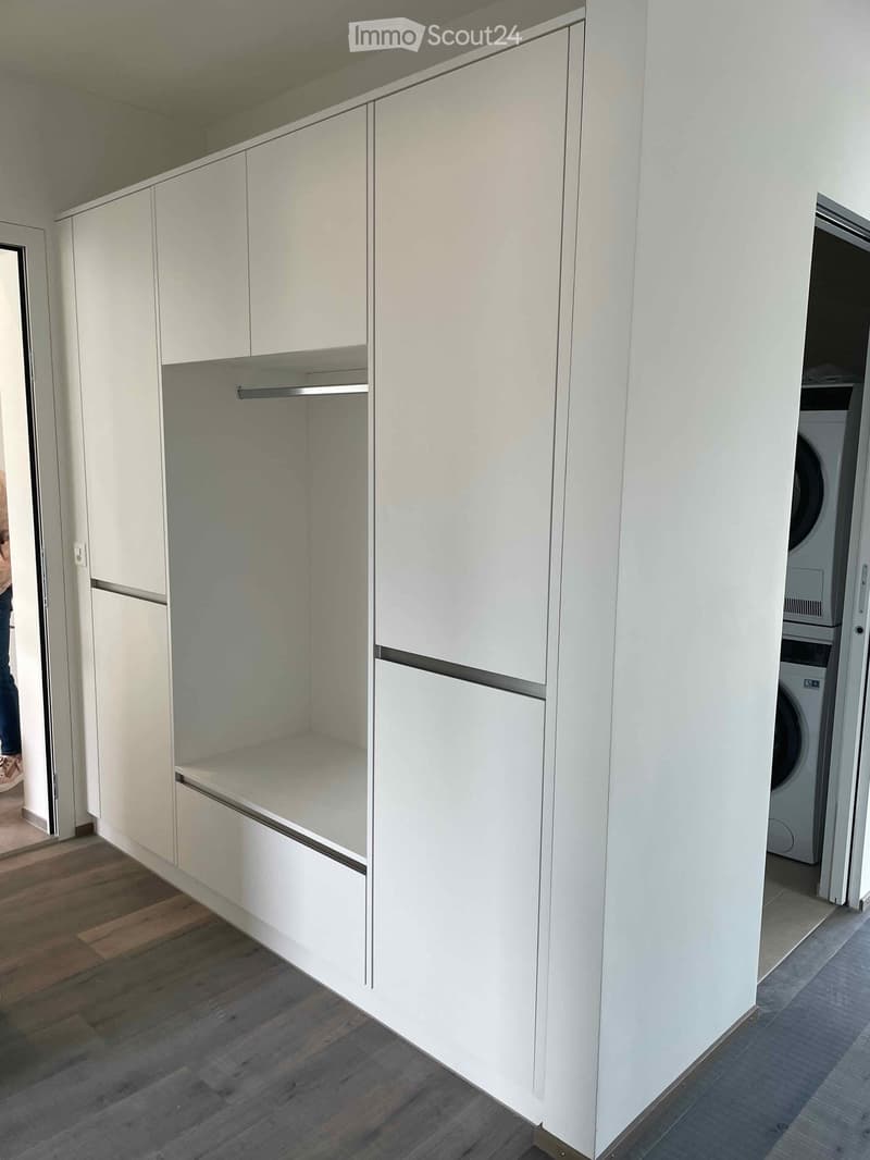Modern walk-in closet with white built-in wardrobe and shelves, adjacent to a laundry area with a washing machine.