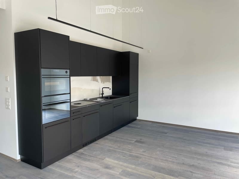 Modern kitchen with dark grey cabinets, stainless steel oven, sink, and faucet, featuring a wooden floor and white walls.