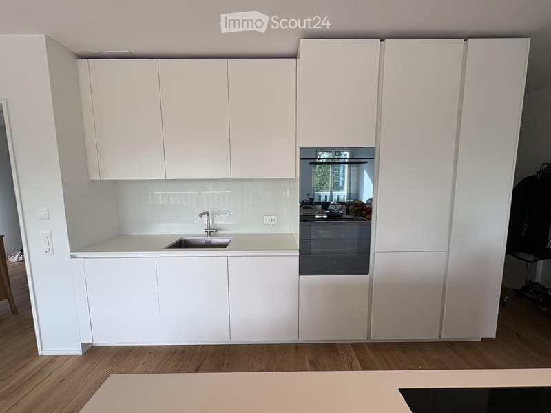 Modern kitchen with white cabinets, a stainless steel sink, and an oven. The space features a sleek design with a wooden floor and a reflective backsplash.