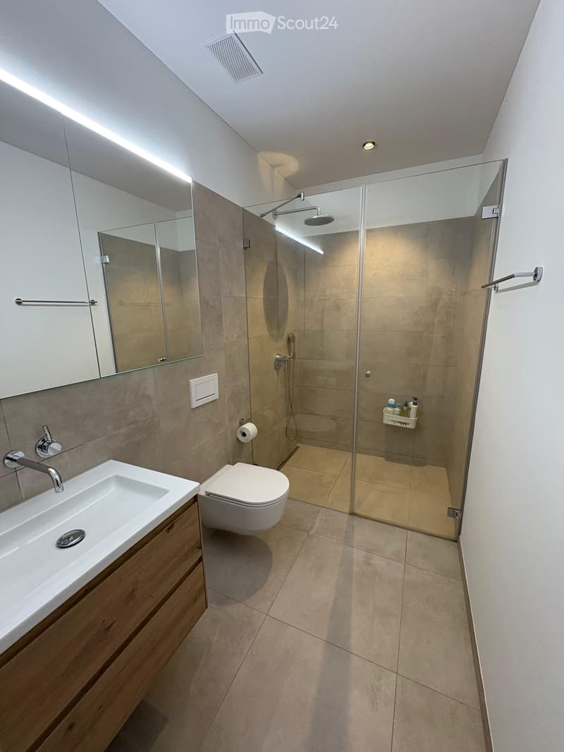 Modern bathroom with a white sink, toilet, large mirror, and a glass-enclosed shower with a handheld showerhead. The walls are tiled in a neutral color, and the floor is tiled in beige.