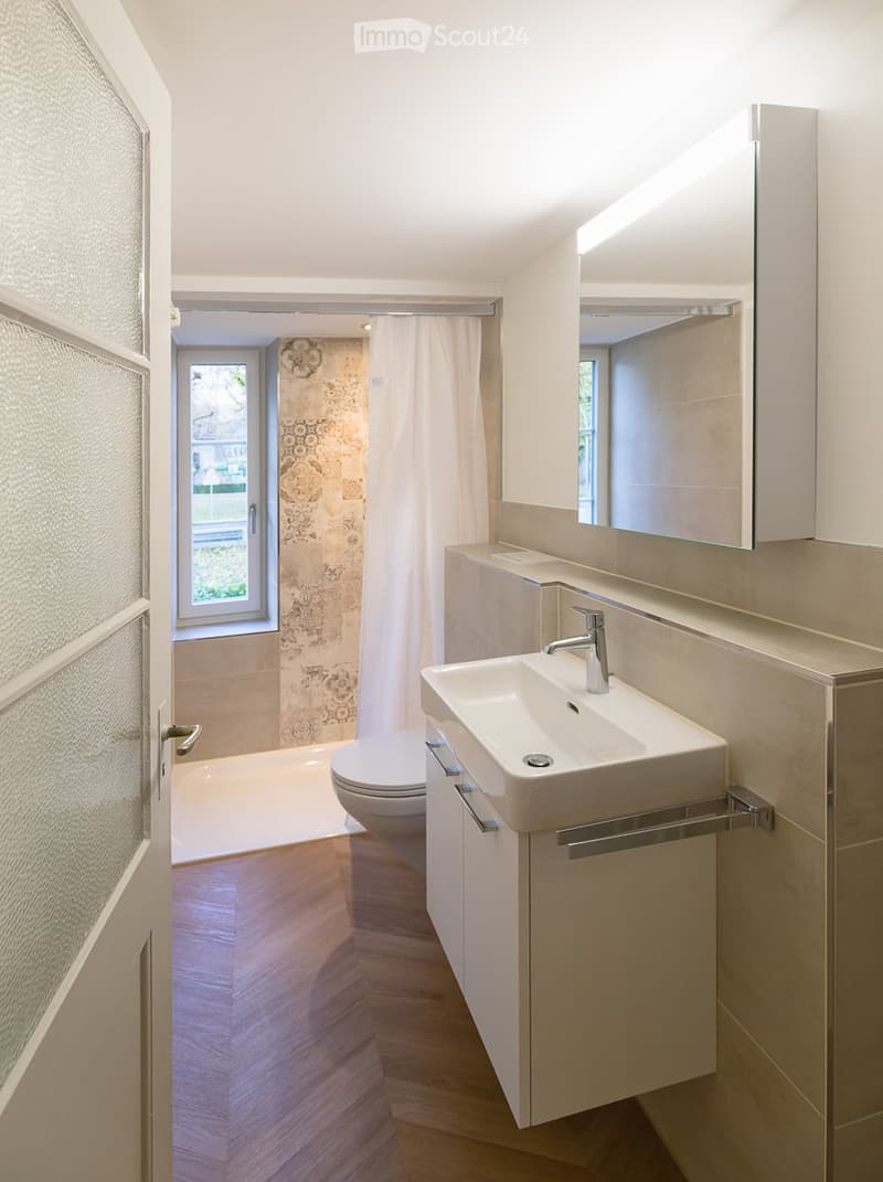 Modern bathroom with a white sink, chrome faucet, large mirror, toilet, and built-in cabinet. Light wood flooring and frosted glass window.