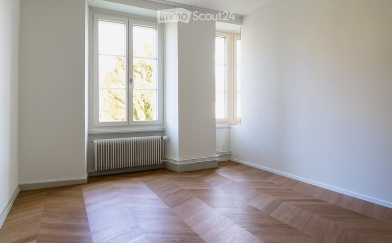 Empty room with wooden herringbone flooring, white walls, and large windows allowing natural light. A radiator is visible under one window.