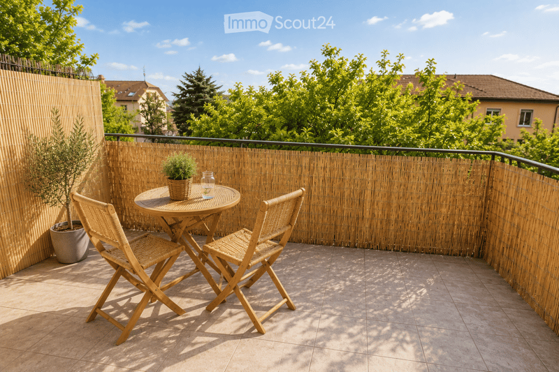 Balcony with a round wooden table, two folding chairs, a potted plant, and a bamboo fence, surrounded by greenery and a clear blue sky.