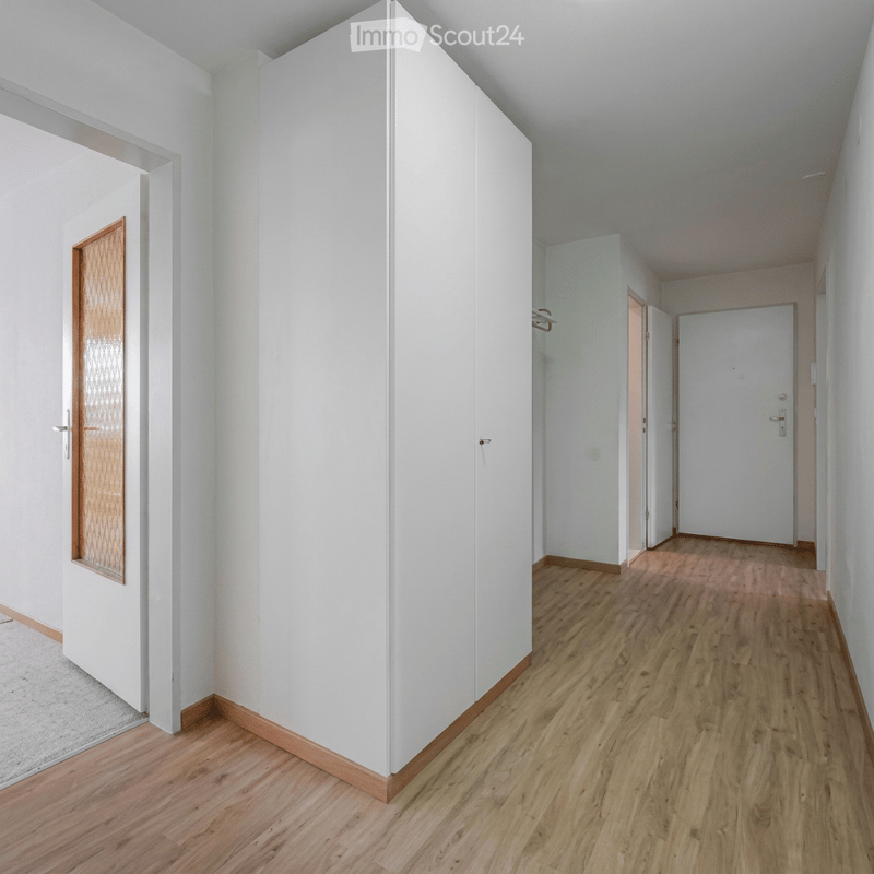 Empty hallway with light wooden flooring, white walls, and several doors leading to other rooms.