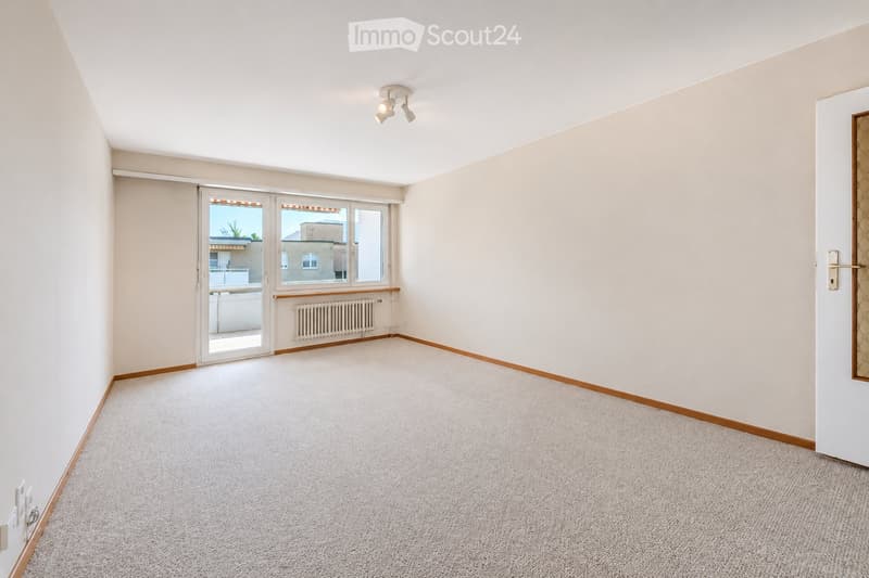 Empty room with light-colored walls, carpeted floor, large window with blinds, radiator, and a door.