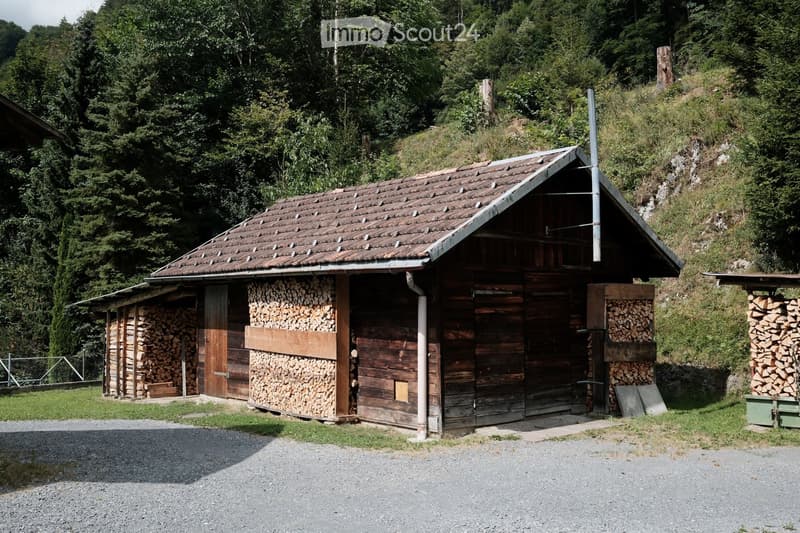A wooden storage shed with a tiled roof, surrounded by neatly stacked firewood piles and a gravel driveway.