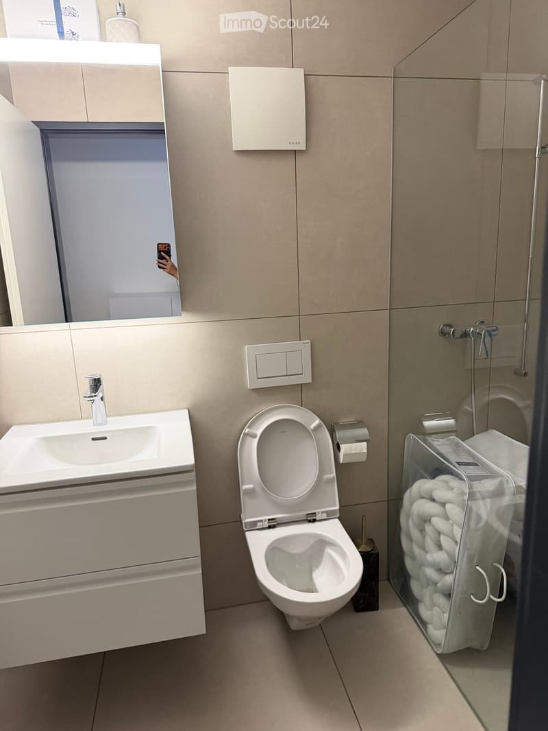 Modern bathroom with a white sink, toilet, and shower. Features a large mirror above the sink and a towel in the shower area.