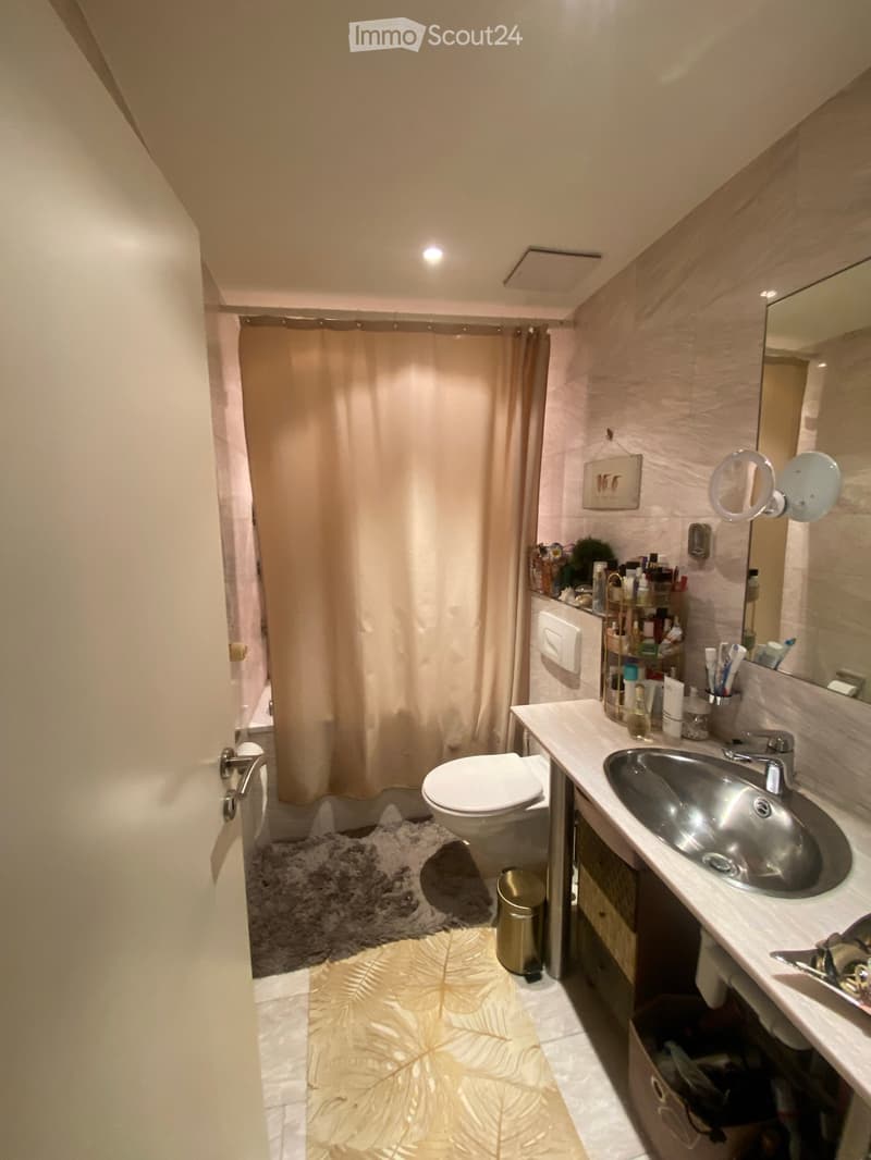 Modern bathroom with a toilet, sink, mirror, and shower curtain. Includes a cosmetic rack, toothbrush holder, and a small rug on the floor.