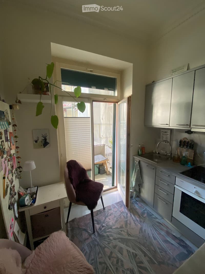 A small, cozy room with a kitchen area, a desk, and a chair. The kitchen features white cabinets, a sink, and an oven. A small desk with a lamp and a chair is visible, along with a plant hanging from the ceiling. The room has a colorful rug and a view of