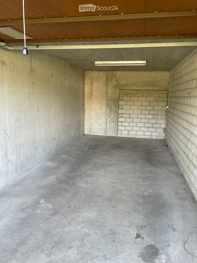 Empty underground parking space with concrete walls, floor, and ceiling. Features a single hanging light fixture and a few doors leading to other areas.
