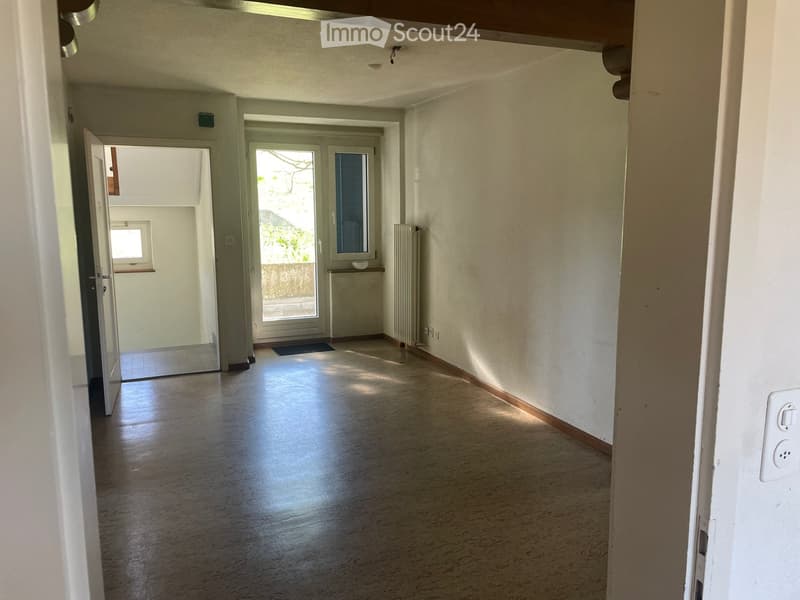 Empty hallway with wooden flooring, white walls, and a door leading to another room. Natural light streams in from a glass door at the end.