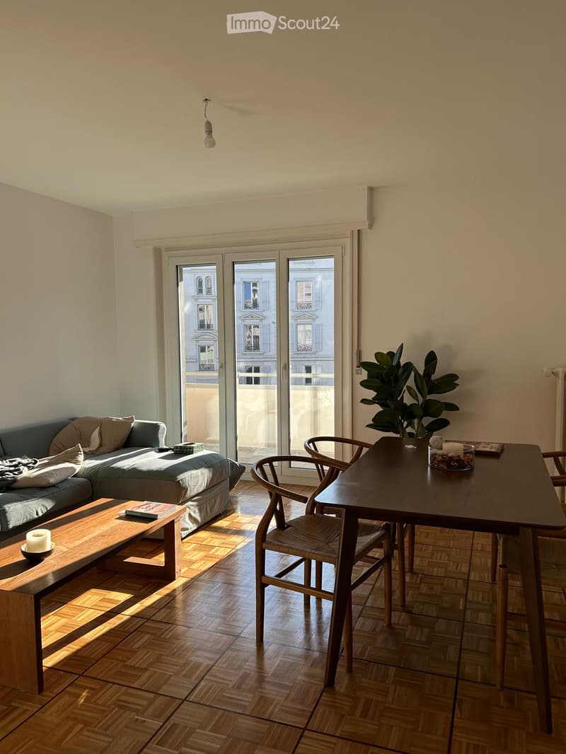 A modern living room with a grey sofa, wooden coffee table, dining table with chairs, and a potted plant near the window.