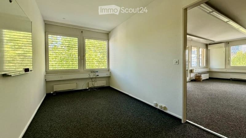 Empty room with white walls, carpeted floor, large windows with blinds, and a door leading to another room.