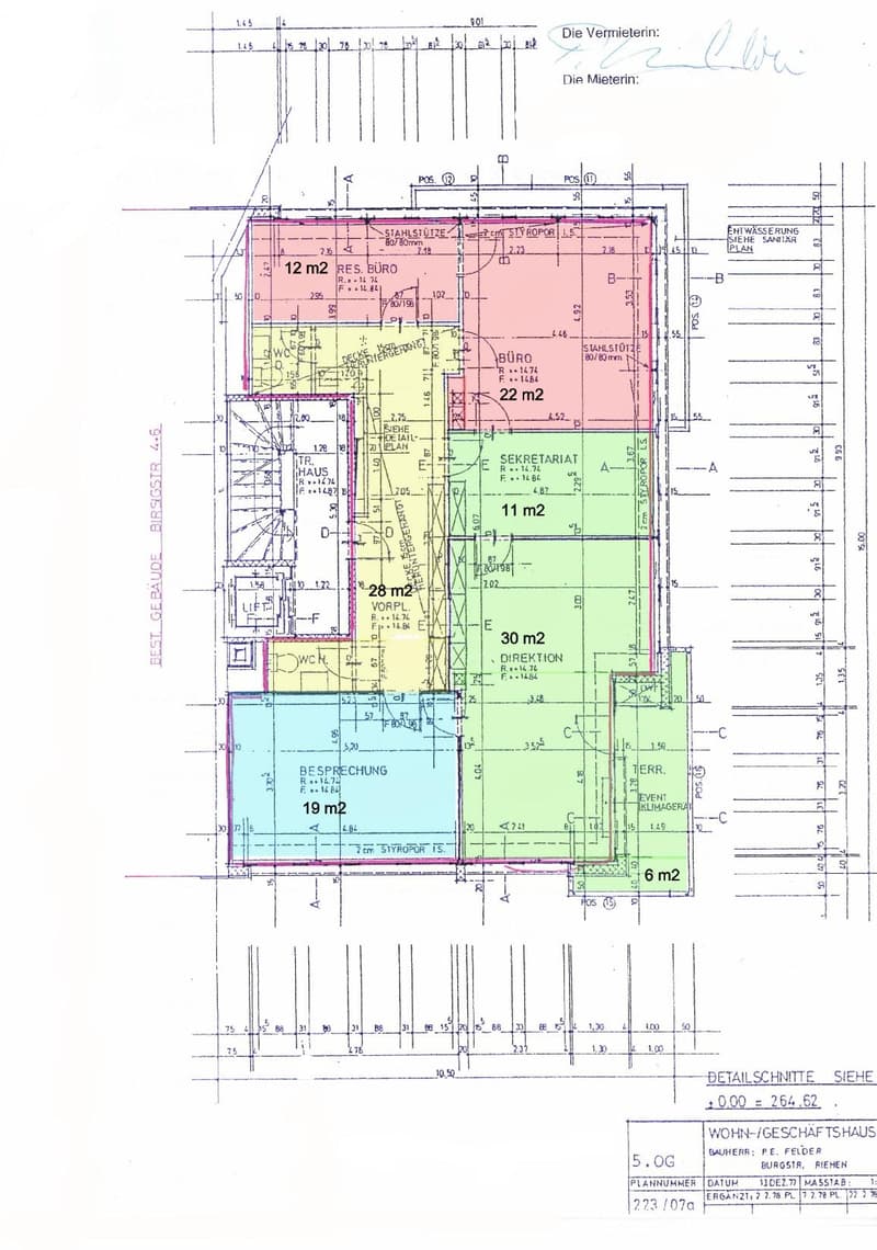 Floor plan showing multiple rooms including a bureau, secretariat, direction office, meeting room, and WC. Dimensions and room labels are provided.