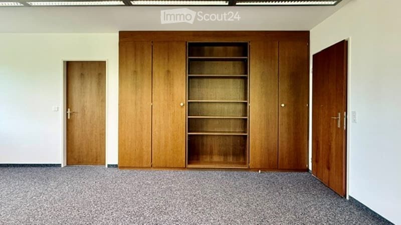 Empty room with wooden cabinetry, shelves, and two doors.
