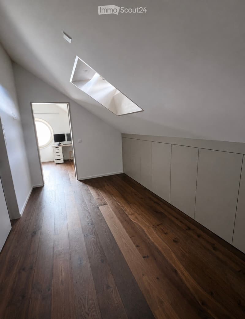 Bright, narrow hallway with wooden flooring, white walls, built-in cabinets on one side, and a skylight above. An open doorway leads to an adjacent room with a desk and computer monitors.