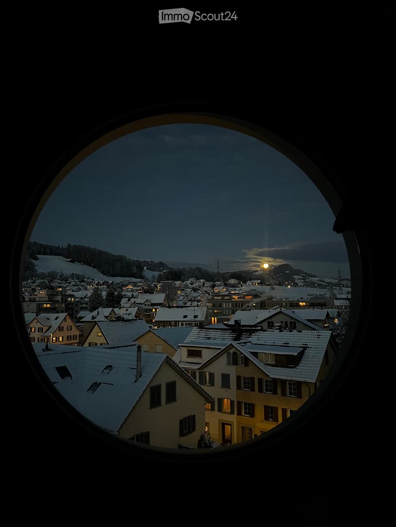 View from a round window showing a snow-covered town at dusk with illuminated houses and a setting sun.