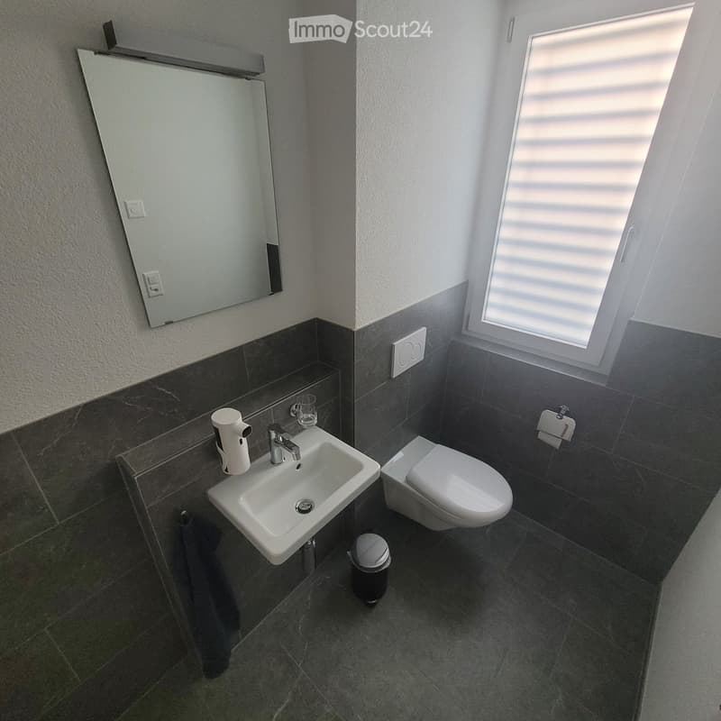Modern bathroom with dark tiled walls and floor, white sink, chrome faucet, toilet, mirror, and a small window with blinds.